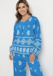 Niebieski Komplet w Stylu Rustykalnym Luźna Bluzka i Spodnie z Wiskozą Emilaris. Niebieskie bluzki damskie Born2be, z aplikacjami, z wiskozy. Za 109.99 zł.