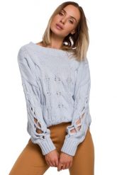 Sweter z Rozcięciem na Rękawach - Błękitny. Niebieskie swetry damskie MOE, l, bez wzorów, z materiału, bez kołnierzyka, bez ramiączek, bez kaptura. Za 219.90 zł.