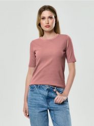 Prążkowana koszulka z krótkim rękawem - różowy. Czerwone t-shirty damskie Sinsay, l, bez wzorów, prążkowane, bez kołnierzyka. Za 19.99 zł.
