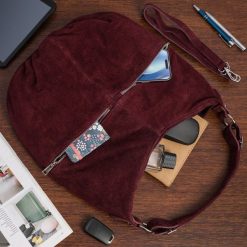 Torebka damska skórzana worek shopperka zamszowa duża A4 burgundowa K51. Czerwone torby na laptopa damskie bez wzorów, z zamszu, zamszowe. Za 164.90 zł.