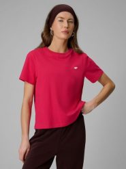 4F T-shirt boxy gładki damski - różowy L. Czerwone t-shirty damskie 4f, l, bez wzorów, z bawełny, bez kołnierzyka. W wyprzedaży za 39.99 zł.