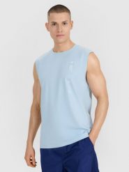 Чоловіча однотонна майка tank top regular - синій. Koszulki sportowe męskie 4f, s, bez wzorów, z jersey, bez kołnierzyka. W wyprzedaży za 439.90 zł.