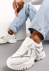 Białe Sznurowane Sneakersy z Ozdobnym Paskiem i Metalicznymi Wstawkami Asterella. Białe obuwie sportowe damskie Renee, bez wzorów. Za 119.99 zł.
