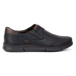 Polbut Buty męskie slip-on J51 czarne. Czarne mokasyny męskie na jesień, z jeansu, biznesowe. Za 303.63 zł.