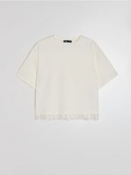 Bawełniana koszulka z ozdobną koronką - kremowy. Białe t-shirty damskie Sinsay, l, bez wzorów, z bawełny, bez kołnierzyka. Za 35.99 zł.