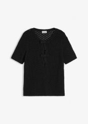 Sweter ażurowy z mieszanki bawełny. Czarne swetry damskie bonprix, w ażurowe wzory, z bawełny, bez kołnierzyka, bez ramiączek, bez kaptura. Za 29.99 zł.