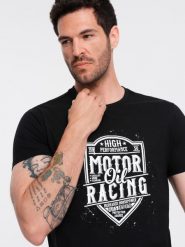 T-shirt męski z nadrukiem w stylu motocyklowym – czarny V1 OM-TSPT-0125 - L. Czarne t-shirty męskie Ombre Clothing, l, bez wzorów, z bawełny, eleganckie, bez kołnierzyka. W wyprzedaży za 29.99 zł.