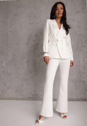 Biały Komplet o Garniturowym Kroju z Marynarką z Wiązaniem i Spodniami Falestra. Białe żakiety damskie Renee, m, bez wzorów, casualowe. Za 229.99 zł.