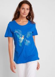 Shirt bawełniany z nadrukiem. Niebieskie t-shirty damskie bonprix, bez wzorów, z bawełny, bez kołnierzyka. Za 44.99 zł.