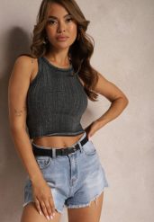 Ciemnoszary Casualowy Top z Bawełny Wykończony Przetarciami Tiamanila. Szare bluzki damskie Renee, l, bez wzorów, z bawełny, eleganckie, bez kołnierzyka, bez ramiączek. Za 49.99 zł.