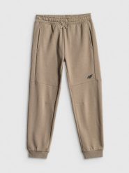 4F Spodnie dresowe joggery chłopięce - beżowe 164 (13-14 lat). Brązowe spodnie sportowe dla chłopców 4f, bez wzorów, z dresówki, do biegania. Za 99.99 zł.