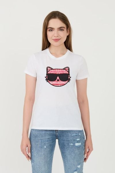 KARL LAGERFELD Biały damski t-shirt Boucle Choupette, Rozmiar XS. Białe t-shirty damskie KARL LAGERFELD, xs, bez wzorów, bez kołnierzyka. W wyprzedaży za 279.99 zł.
