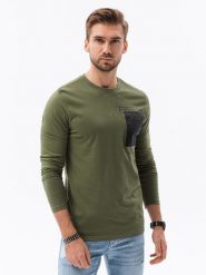 Longsleeve męski z kieszonką - oliwkowy V1 - Rozmiar: L. Zielone bluzki z długim rękawem męskie Ombre Clothing, l, bez wzorów, bez kołnierzyka. W wyprzedaży za 39.99 zł.