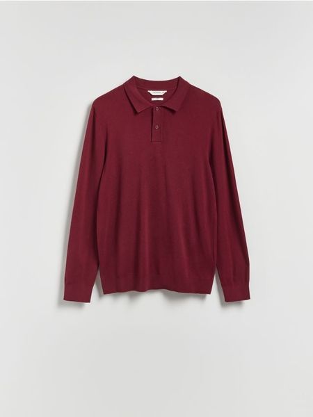 Wiskozowy sweter polo - bordowy. Czerwone swetry przez głowę męskie Reserved, l, bez wzorów, z dzianiny, bez kołnierzyka. Za 99.99 zł.