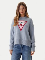 Guess Jeans Sweter W4BR12 Z3HM1 Niebieski Relaxed Fit. Niebieskie swetry damskie Guess Jeans, l, z aplikacjami, z bawełny, bez kołnierzyka, bez ramiączek, bez kaptura. Za 389.99 zł.