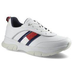 Sneakersy damskie Tommy Hilfiger, Wykonane z wysokiej jakości materiałów syntetycznych z elementami tekstylnymi z gładką łączoną cholewką klasycznym. Białe półbuty damskie Tommy Hilfiger, bez wzorów, z jeansu, klasyczne, bez obcasa, na płaskiej podeszwie, bez zapięcia. Za 285.00 zł.