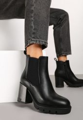 Czarne Botki Sztyblety na Słupku Ozdobione Elastyczną Wstawką Rearia. Czarne botki damskie Renee, na jesień, z jeansu, eleganckie, bez obcasa, na obcasie, bez zapięcia. Za 149.99 zł.