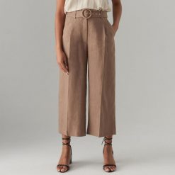 Lniane spodnie culotte z paskiem - Brązowy. Spodnie materiałowe damskie marki Mohito. Za 149.99 zł.