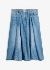 Spódnica jeansowa z lekkiego denimu, z regulowanym pasem. Niebieskie spódnice damskie bonprix, bez wzorów, z denimu, midi. Za 149.99 zł.
