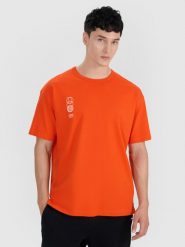 4F T-shirt oversize z nadrukiem męski - pomarańczowy XL. Brązowe koszulki sportowe męskie 4f, m, bez wzorów, z bawełny, eleganckie, bez kołnierzyka. W wyprzedaży za 39.99 zł.