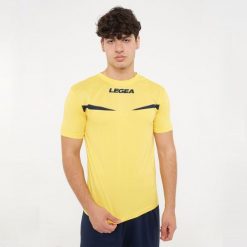 Męska koszulka do biegania Pristina MC oddychająca żółto-niebieska. Niebieskie koszulki sportowe męskie Legea, m, bez wzorów, z bawełny, bez kołnierzyka, bez ramiączek, do biegania. Za 52.00 zł.