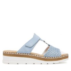 Klapki Rieker. Niebieskie klapki damskie Rieker, bez wzorów, bez obcasa. Za 189.99 zł.