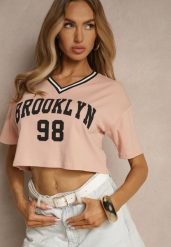 Ciemnoróżowy T-shirt z Bawełny Ozdobiony Napisem Lireline. Czerwone bluzki damskie Renee, m, bez wzorów, z bawełny, eleganckie, bez kołnierzyka. Za 34.99 zł.