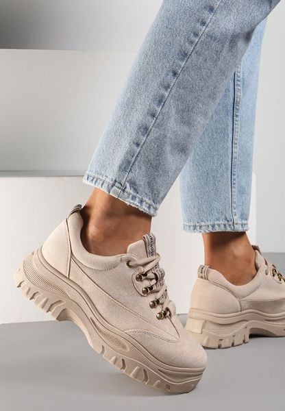 Beżowe Sneakersy Farwynn. Brązowe obuwie sportowe damskie Renee, bez wzorów, z jeansu. Za 89.99 zł.