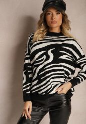 Biało-Czarny Sweter o Klasycznym Kroju w Print w Zebrę Venitia. Białe swetry damskie Renee, na zimę, bez wzorów, casualowe, bez kołnierzyka, bez ramiączek, bez kaptura. Za 69.99 zł.