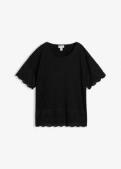 T-shirt z czystej bawełny organicznej. Czarne bluzki damskie bonprix, w ażurowe wzory, z bawełny, bez kołnierzyka, bez ramiączek. Za 47.99 zł.