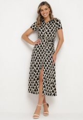 Czarno-Beżowa Koszulowa Sukienka z Kołnierzem i Materiałowym Paskiem w Talii Vranea. Czarne sukienki damskie Born2be, na co dzień, l, bez wzorów, z materiału, eleganckie, bez kołnierzyka, bez ramiączek, midi, koszulowe. Za 159.99 zł.