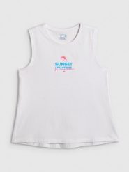 4F Top regular z nadrukiem damski - biały S. Białe koszulki sportowe damskie 4f, s, bez wzorów, z bawełny, bez kołnierzyka, bez ramiączek. Za 49.99 zł.