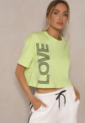 Zielony T-shirt z Bawełny o Krótkim Kroju Ozdobiony Napisem Sannovia. Zielone bluzki damskie Renee, m, bez wzorów, z bawełny, klasyczne, bez kołnierzyka. Za 39.99 zł.