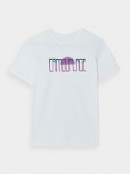 4F Top z nadrukiem z bawełny organicznej damski - czarny M. Czarne koszulki sportowe damskie 4f, m, bez wzorów, z bawełny, bez kołnierzyka, bez ramiączek. W wyprzedaży za 19.99 zł.