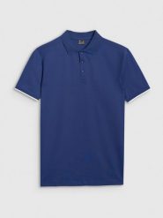 4F Koszulka polo regular męska - granatowa M. Niebieskie koszulki polo męskie 4f, m, bez wzorów, z bawełny, bez kołnierzyka, bez ramiączek. Za 89.99 zł.