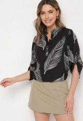 Czarna Koszula z Bawełną we Wzór Liści Lumavaie. Czarne bluzki damskie Born2be, l, bez wzorów, z bawełny, eleganckie, bez kołnierzyka, bez ramiączek. Za 54.99 zł.