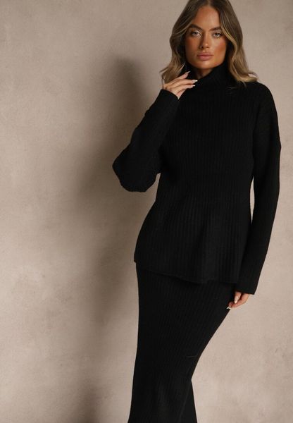 Czarny Komplet z Dzianiny z Wełną w Prążki Golf i Ołówkowa Spódnica Falirea. Czarne spódnice damskie Renee, l, bez wzorów, z dzianiny, ołówkowe. Za 139.99 zł.