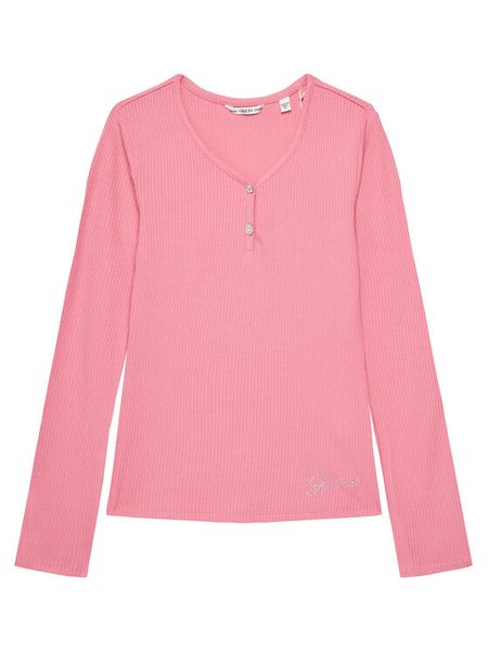 Guess Bluzka J5YP02 KBCO2 Różowy Regular Fit. Czerwone bluzki dla dziewczynek Guess, z aplikacjami, z wiskozy, bez ramiączek. Za 89.99 zł.