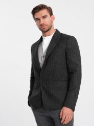 Stylowa żakardowa marynarka męska w delikatne prążki - grafitowa V1 OM-BLZB-0113 - XL. Szare marynarki męskie Ombre Clothing, bez wzorów, z poliesteru, eleganckie. W wyprzedaży za 149.99 zł.