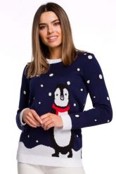 Świąteczny Sweterek z Pingwinem. Swetry damskie MOE, uniwersalny, bez wzorów, z materiału, wizytowe, bez kołnierzyka, bez ramiączek, bez kaptura. Za 211.90 zł.