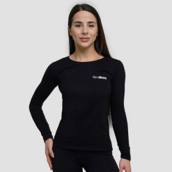 Koszulka damska joga z długim rękawem czarna Basic. Czarne koszulki sportowe damskie GYMBEAM, s, bez wzorów, z bawełny, bez kołnierzyka, bez ramiączek, na jogę i pilates. Za 68.90 zł.