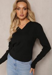 Czarny Sweter z Dekoltem w Serek i Ozdobnymi Guzikami Jara. Czarne swetry damskie Renee, m, bez wzorów, casualowe, bez kołnierzyka, bez ramiączek, bez kaptura. Za 74.99 zł.