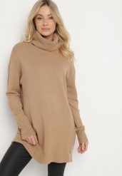 Beżowy Golf z Modalem i Wiskozą Zesalttia. Brązowe swetry damskie Born2be, m, bez wzorów, z jeansu, biznesowe, bez kołnierzyka, bez ramiączek, bez kaptura. Za 84.99 zł.