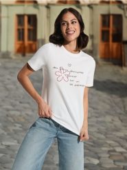 Koszulka - kremowy. Białe t-shirty damskie Sinsay, l, bez wzorów, bez kołnierzyka. W wyprzedaży za 19.99 zł.