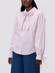 Koszula w paski z krawatem - różowy. Czerwone koszule damskie Reserved, l, bez wzorów, z bawełny, bez kołnierzyka, bez ramiączek. Za 109.99 zł.