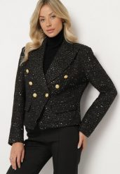 Czarna Dwurzędowa Marynarka Taliowana w Tweedowym Stylu z Imitacją Kieszeni Liolia. Czarne żakiety damskie Born2be, l, bez wzorów, eleganckie. Za 229.99 zł.