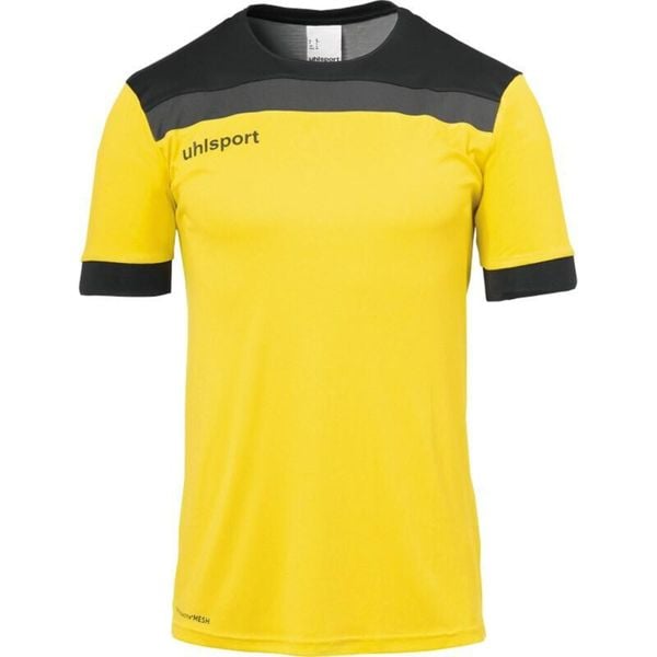 Polo Uhlsport Offense 23. Czarne koszulki polo męskie Uhlsport, bez wzorów, z materiału, bez kołnierzyka, bez ramiączek, do piłki nożnej. Za 125.50 zł.