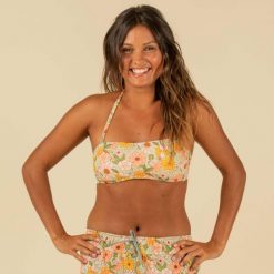 Góra kostiumu kąpielowego surfingowego damska Olaian Laura Vintage. Zielone bikini damskie OLAIAN, bez wzorów. W wyprzedaży za 29.99 zł.