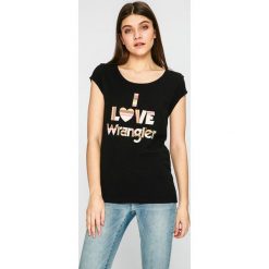 Wrangler - Top. Szare topy damskie Wrangler, z nadrukiem, z bawełny, z okrągłym kołnierzem, z krótkim rękawem. W wyprzedaży za 79.90 zł.