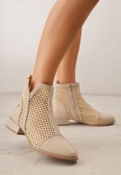 Beżowe Przejściowe Botki z Plecioną Cholewką i Skórzaną Wkładką Marisca. Brązowe botki damskie Born2be, z jeansu, boho, bez obcasa, na płaskiej podeszwie, bez zapięcia. Za 199.99 zł.